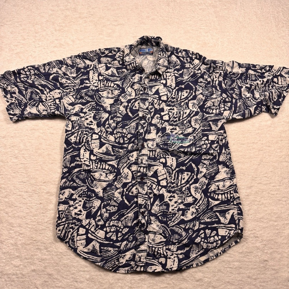 Vintage Bugle‎ Boy Direction Mens Navy Blue Abstract Print Button Down Shirt L
